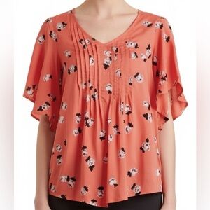 Maeve by Anthropologie Maya‎ Coral Pink Floral Flutter Sleeve Top Sz4 P